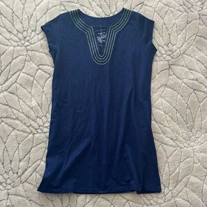 Chic Navy Blue Midi Dress with Embroidered Detail